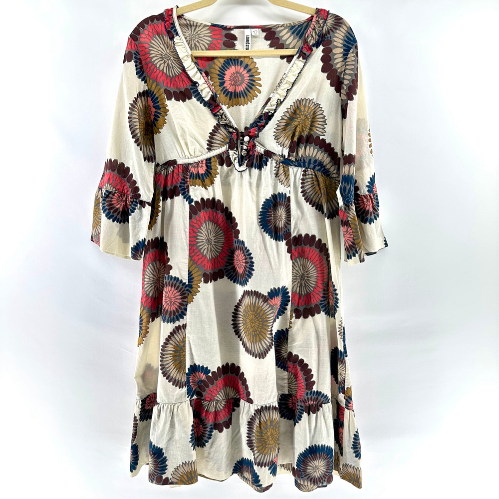 Loobie's Story WOMEN 12 Exotic ARTSY BOHEMIAN Multi-Color RUFFLE FRONT Dress